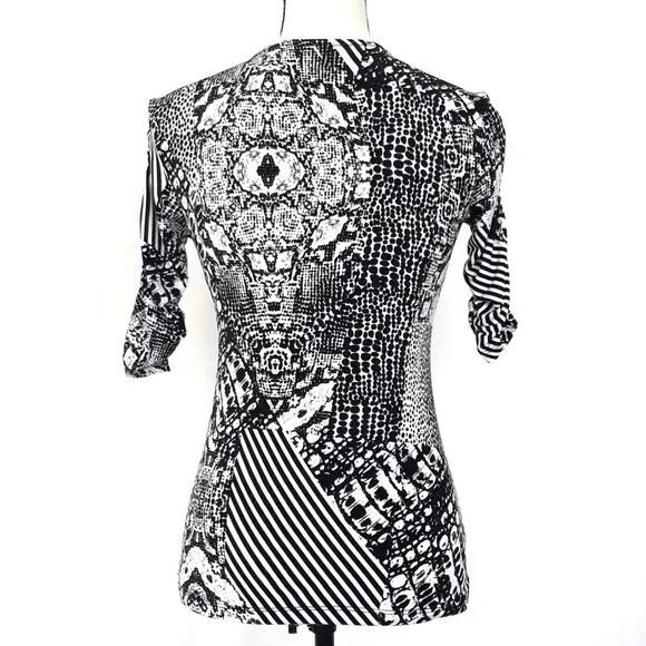 Style & Co Black & White Ruched Sleeve Stretch Top - Picture 5 of 13